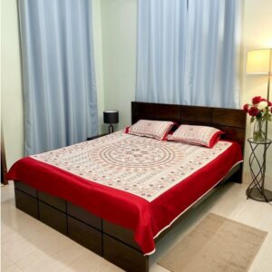 sada lal nokshikatha print bedsheet, nokshikatha design bedsheet Bangladesh, white red nokshikatha bedsheet, bangladeshi nokshikatha bedsheet, cotton nokshikatha bedsheet, traditional nokshikatha print bedsheet, bengali design bedsheet, ethnic bedsheet Bangladesh, handmade look nokshikatha bedsheet, bengali home decor bedsheet, heritage design bedsheet BD